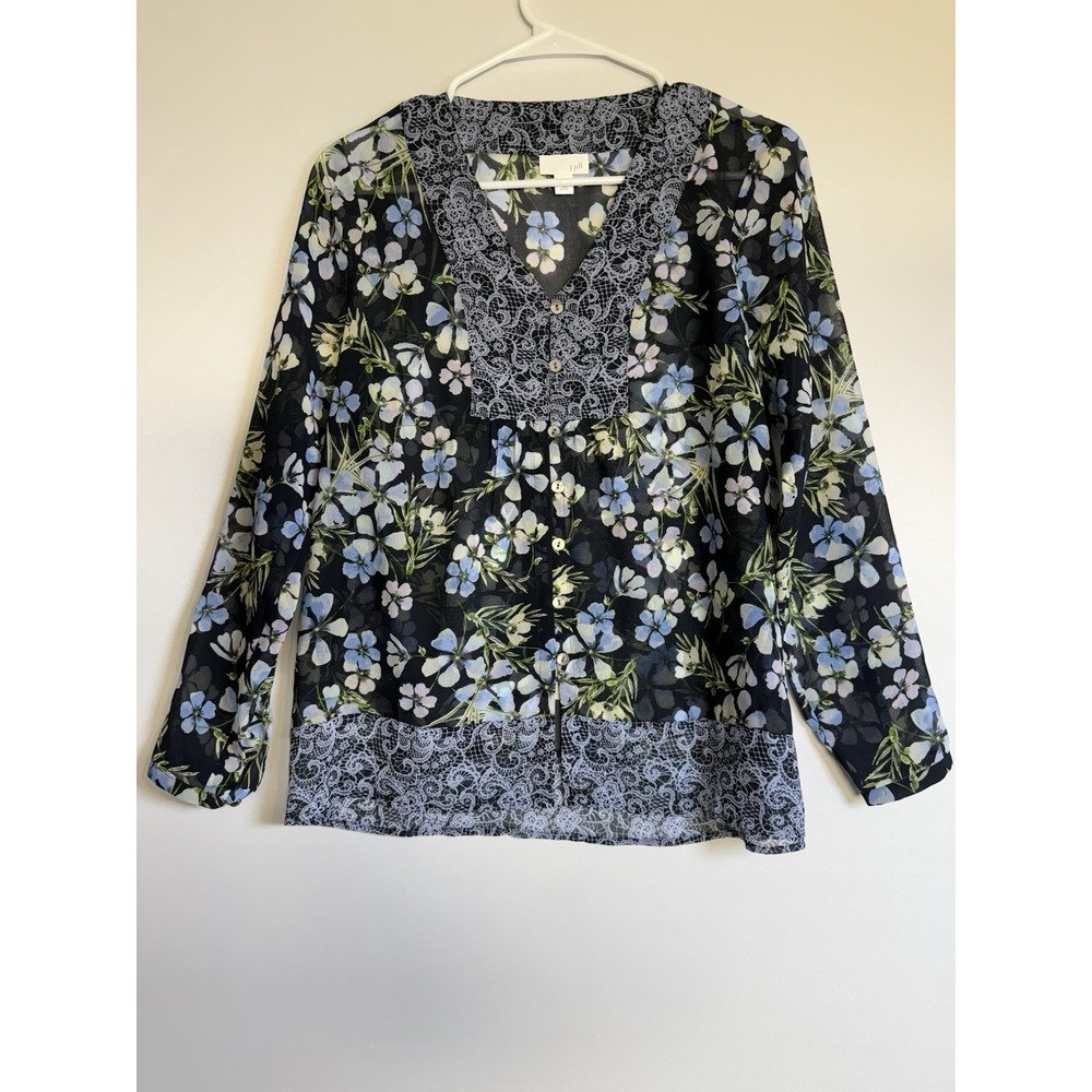 J Jill Top Womens Petite X Small Blue Floral Print Sheer Chiffon Blouse Ladies
